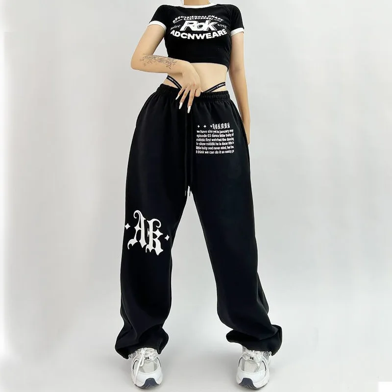 2024 Summer Women's New Patchwork Elasticized High-waisted Drawstring Pocket Letter Tie Feet Fashion Loose Sports Casual Pants