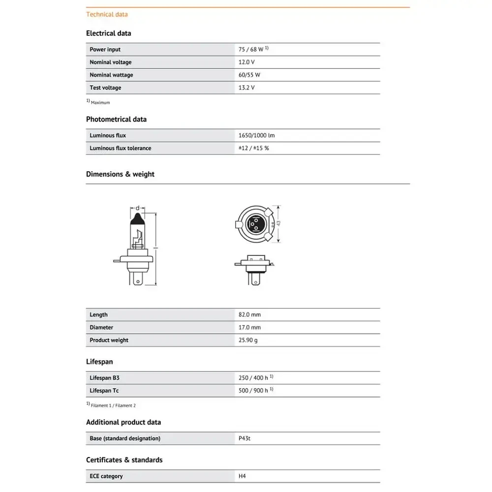 OSRAM H4 9003 HB2 64193 Standard Hi/lo Beam Car Halogen Headlight Auto Bulb 3200K 12V 60/55W P43t Original Lamp