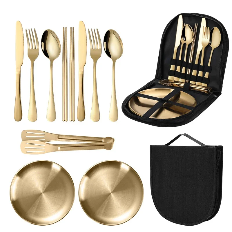 11 Pcs/lot Picnic Tableware Kit Portable Stainless Steel Knife Fork Spoon Plate Cutlery Set Outdoor Travel Camping Equipment 2