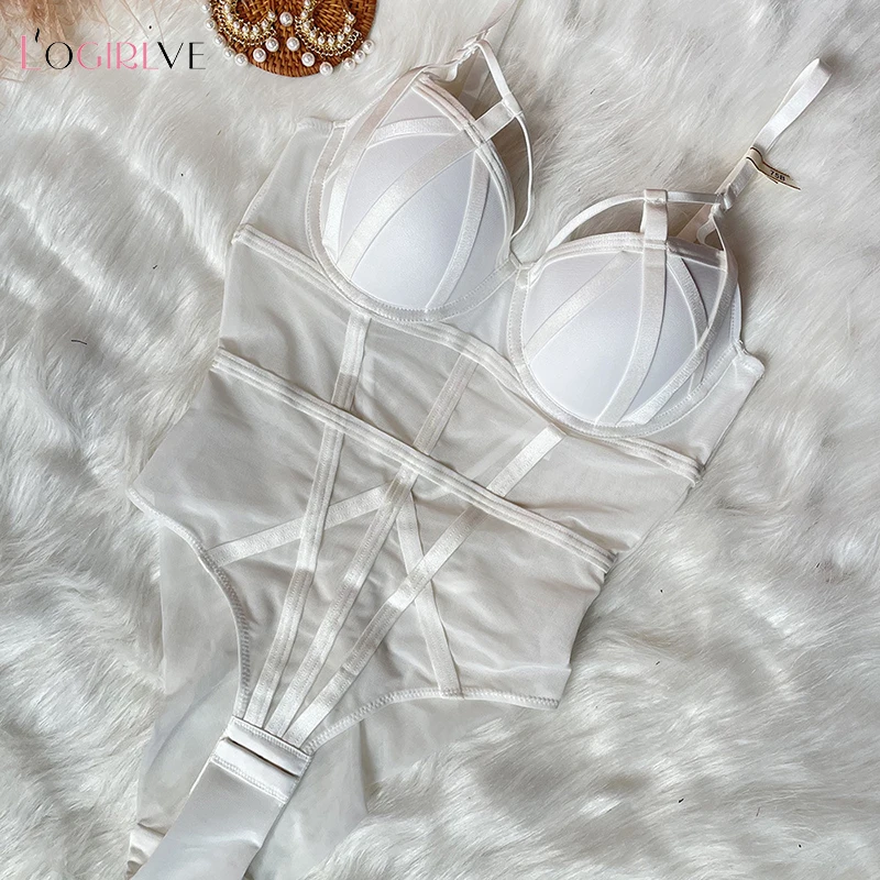Logirlve Women Jumpsuit Sexy Brassiere Bandage Push Up Bra Straps Bodysuits Lace Underwear Elasticity Breathable Fabric Lingerie
