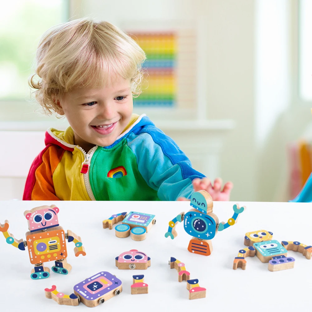 Wooden Robot Building Blocks Montessori Toys Educational Learning Toys Gift for 3 4 5 6 Years Toddlers Kids