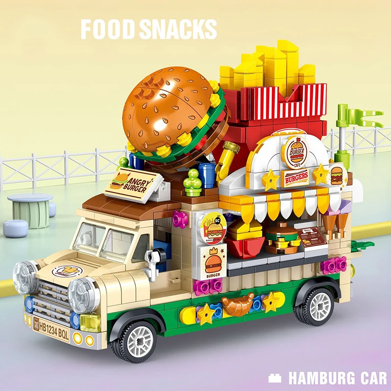 

City Street View Cream Truck Catering Dining Car Mini Building Blocks DIY Cake Shop Food Snacks Shop Model Bricks Toys For Kids
