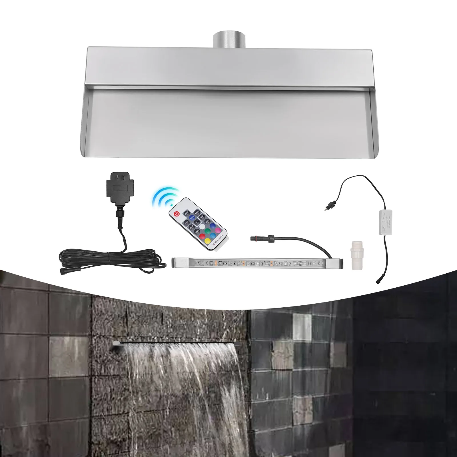 LED Waterfall Spillway Pool Waterfall Fountain 7-Color RGB Lighting, Remote Control, 304 Stainless Steel for Ponds & Gardens