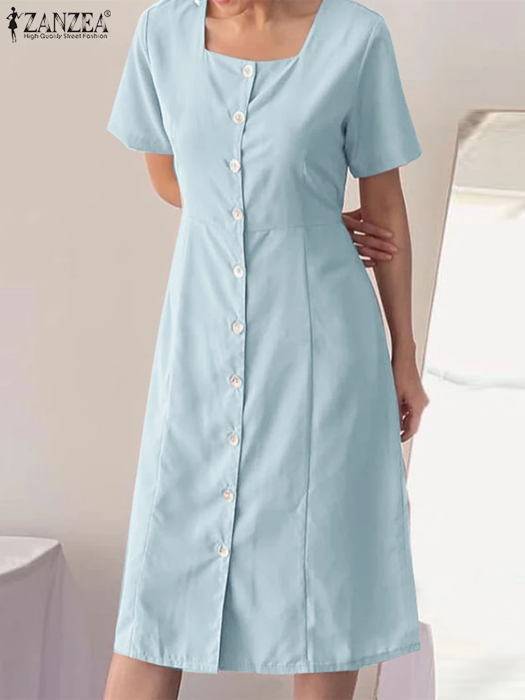 

ZANZEA Korean Office Pleats Short Sleeved Midi Dress Summer Female Vestido 2023 Women Dresses Solid Buttons Casual Sundress Robe