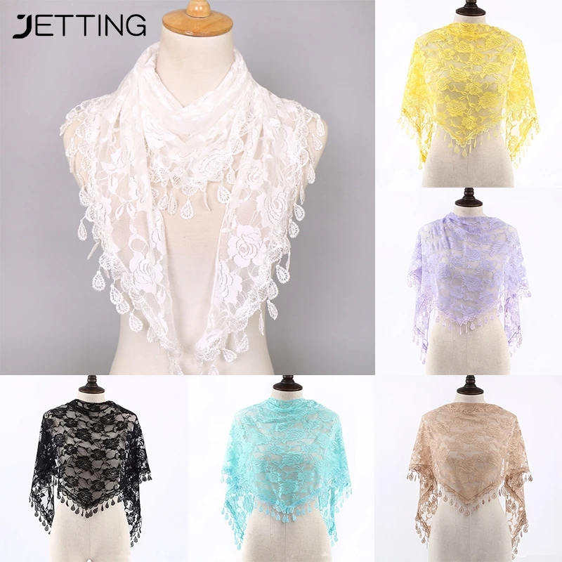 

New Four Seasons Jacquard Rose Lace Triangle Scarf Polyester Shawls For Women Muslim Church Prayer Wedding Shawls Headband