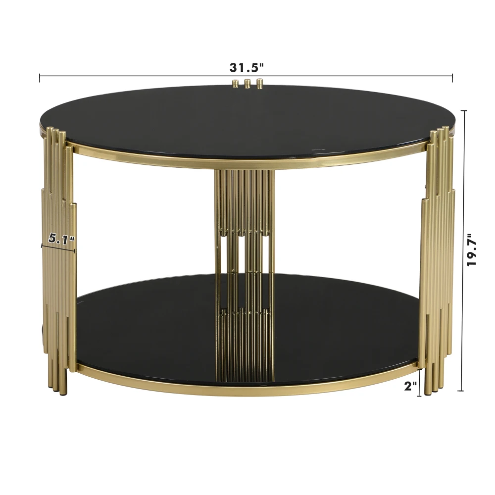 Modern Glass Coffee Table in 31.5", Asymmetrical Metal, Circular Metal Drum Base, Gold Finish & Lower Shelf 6