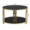 Modern Glass Coffee Table in 31.5", Asymmetrical Metal, Circular Metal Drum Base, Gold Finish & Lower Shelf 6