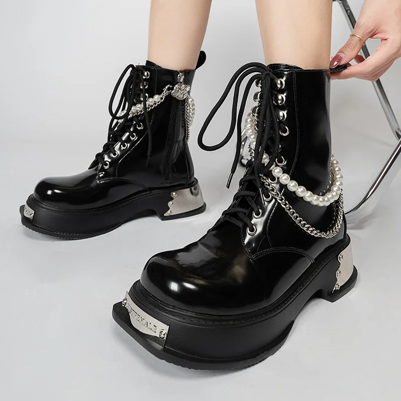 

Spring/Fall 2023 New Ladies High Street New Trend Designer Metal High-heeled Lace-up Thick Soled Dark Biker Boots
