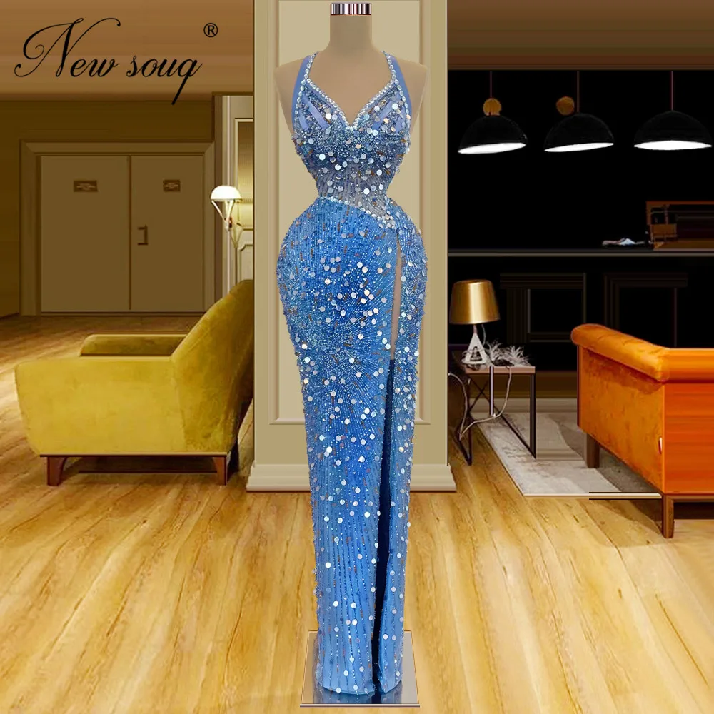 

Женское вечернее платье с блестками, синее платье знаменитости с разрезом сбоку, платье-Русалка с бисером, для торжественных случаев, выпускного вечера