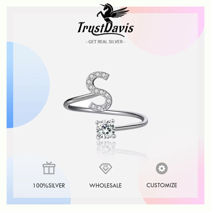 Women Wedding Party Jewelry 26 Letter Clear CZ Opening Silver Rings for silver rings