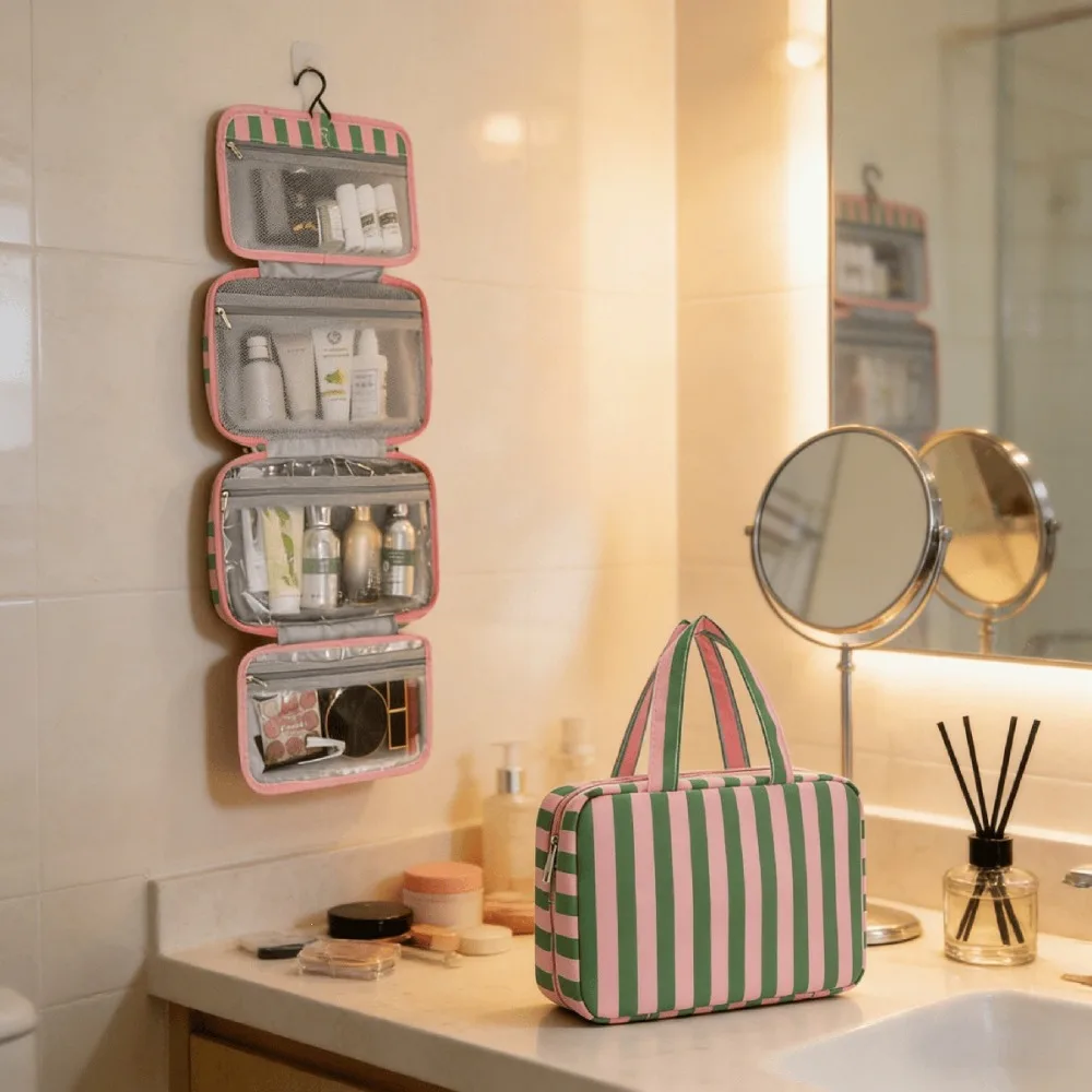Foldable Striped Toiletry Bag with 4 Compartments and Hanging Hook