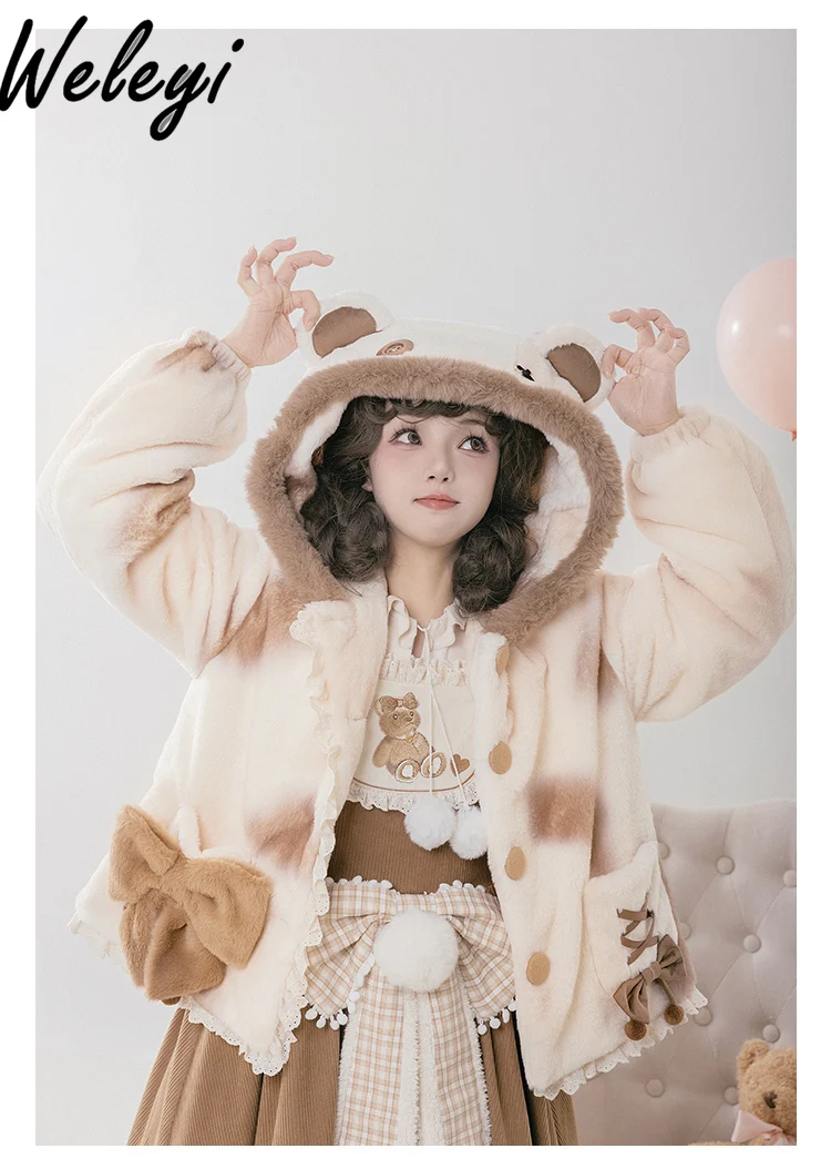 

Sweet Lolita Bow Warm Hooded Coats Woman Fashion 2024 Winter New Cute Butterfly Bear Ear Print Plush Loose Thick Woolen Fur Coat