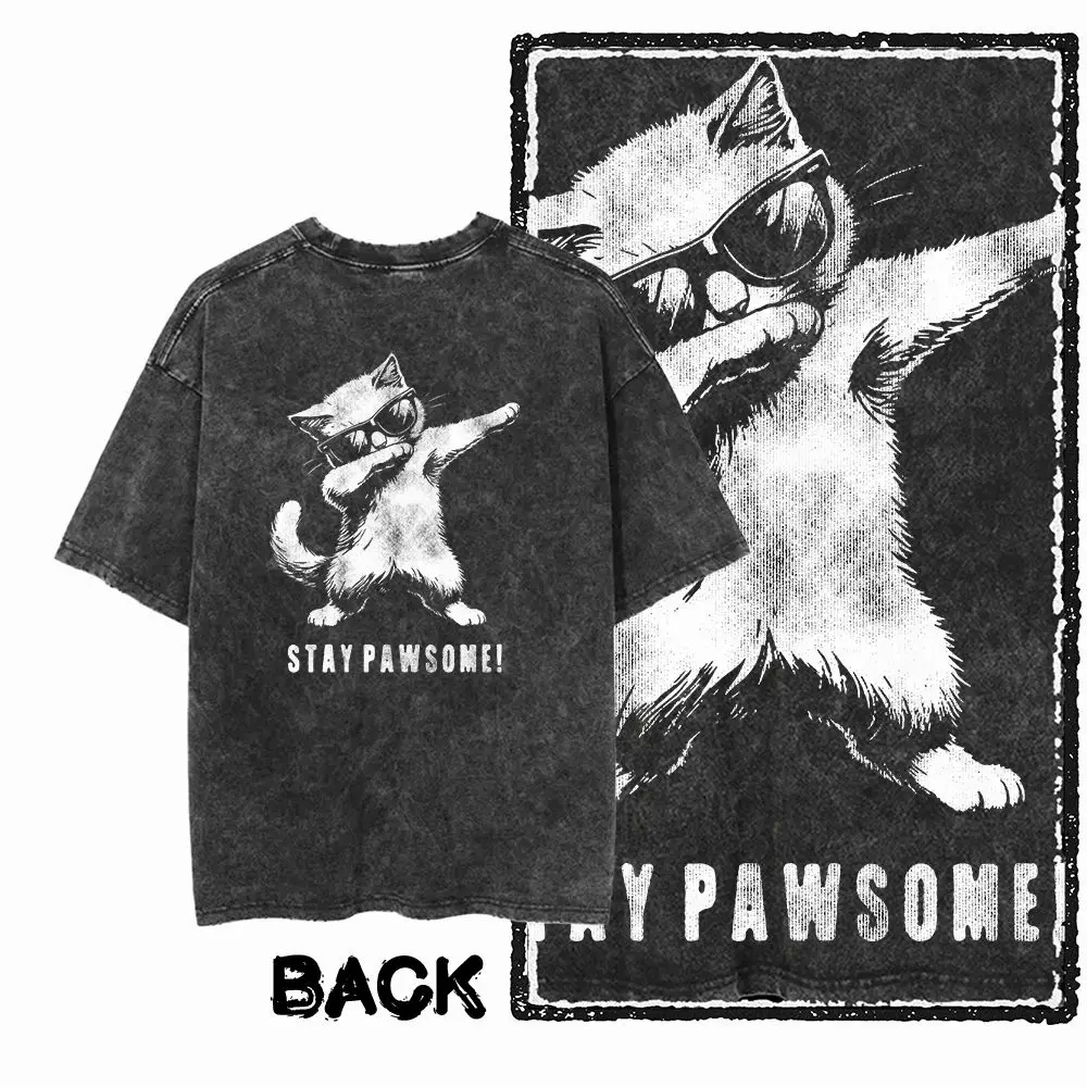 G55 Back Print Cotton Cool Cat Graphic Herren-T-Shirt | Säuregewaschenes Streetwear Übergrößen Vintage O-Ausschnitt Herren T-Shirt