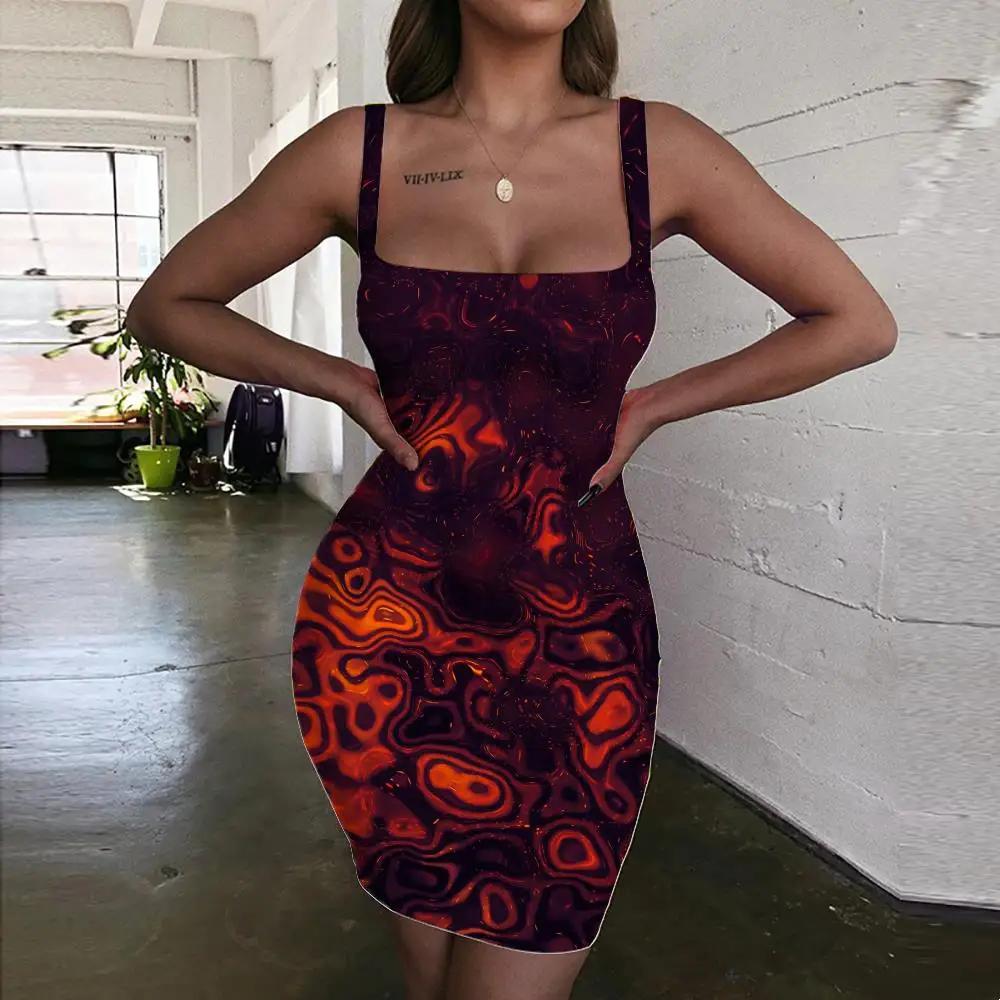 

SOMEPET Abstract Dresses Women Art Ladies Dresses Flame Sundress Melt Vestido Sexy Ripple Halter Sleeveless Womens Clothing Club