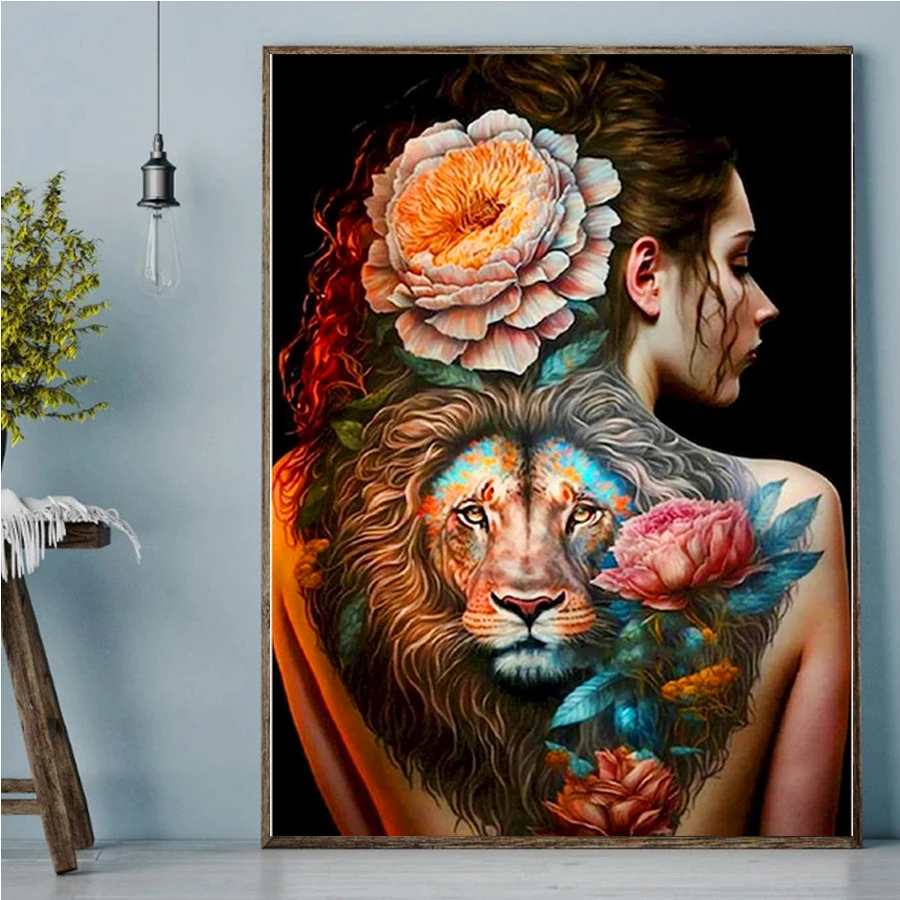 

Full back tattoo Diamond Moisac Full Drill Diamond Painting Sexy Tattooed Woman Lions,peonies,roses Emboridery Cross Stitch Kits