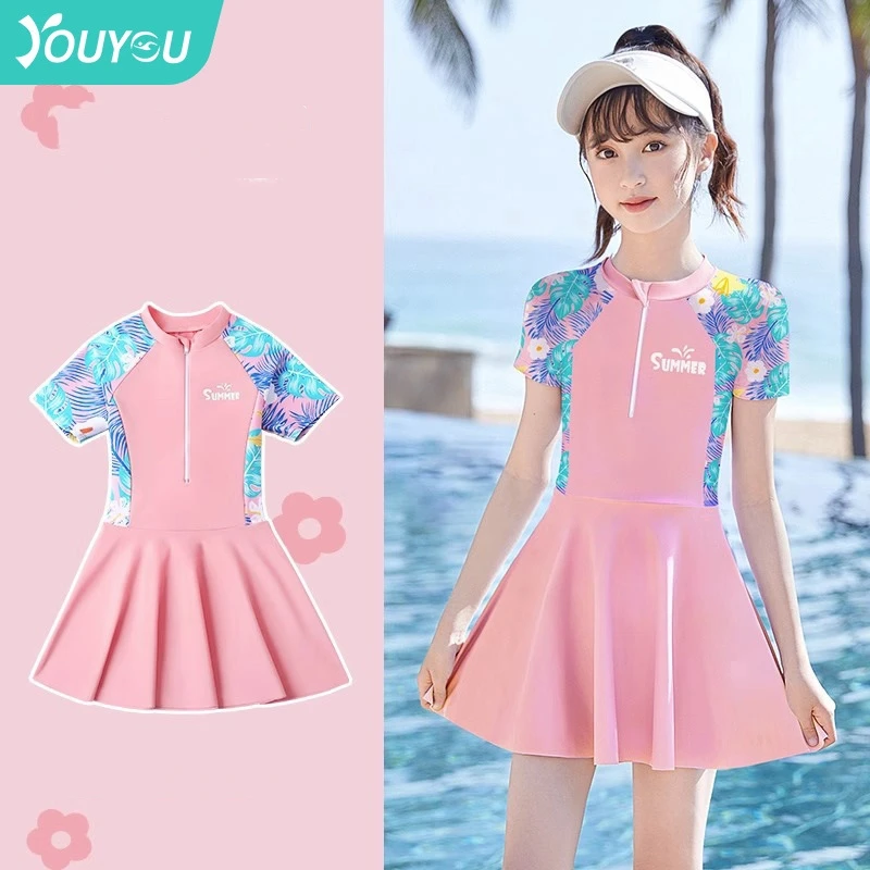 

Girl One Piece Professional WaterProof Athletic Short Sleeve Surfing Swim Skirts Quick-Drying Beach Bathing Rash Guard SwimSuit