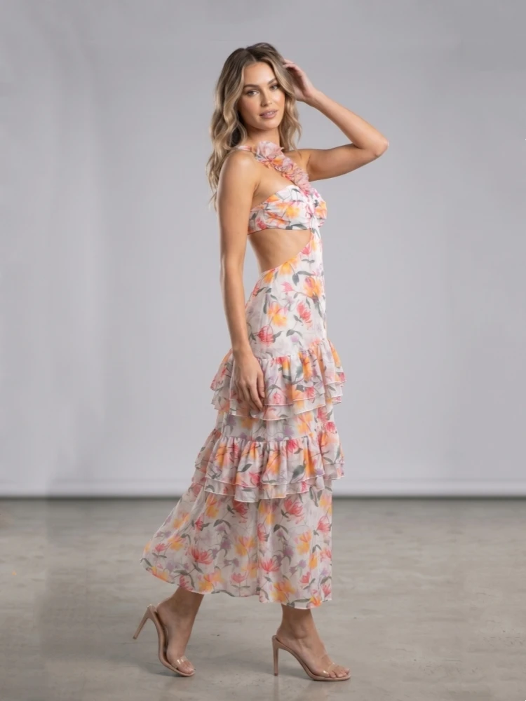 Summer Sexy Straps Printed Flowers Long Dress Women Sleeveless Backless Cut-out Floral Printing Slim Dresses Beach Party hOLIDAY 3