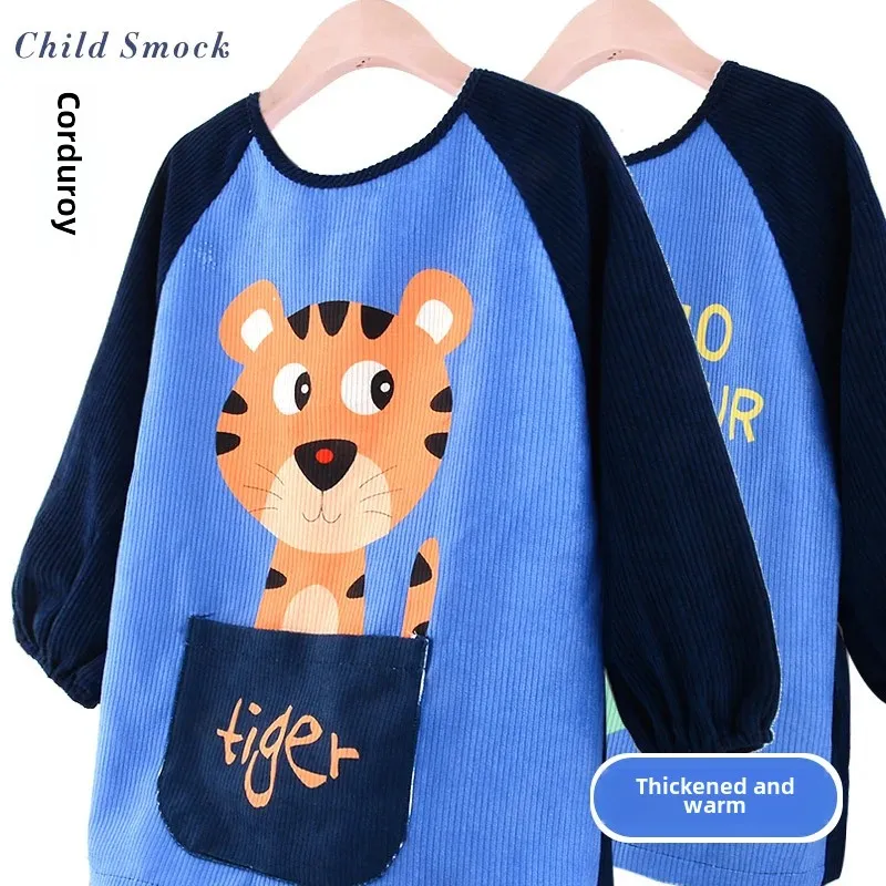 Children's Long Sleeve Apron Baby Cartoon Corduroy Feeding Smock Autumn Boys Toddler Dirt Resistant Drawstring Apron