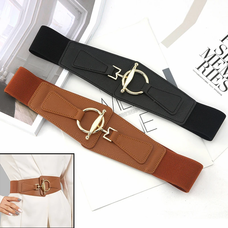 

Female Belt Personality Fashion Golden Elastic Elastic Wide Waist Coat Jeans Dress Luxury High Quality Designer Brand Belt Women