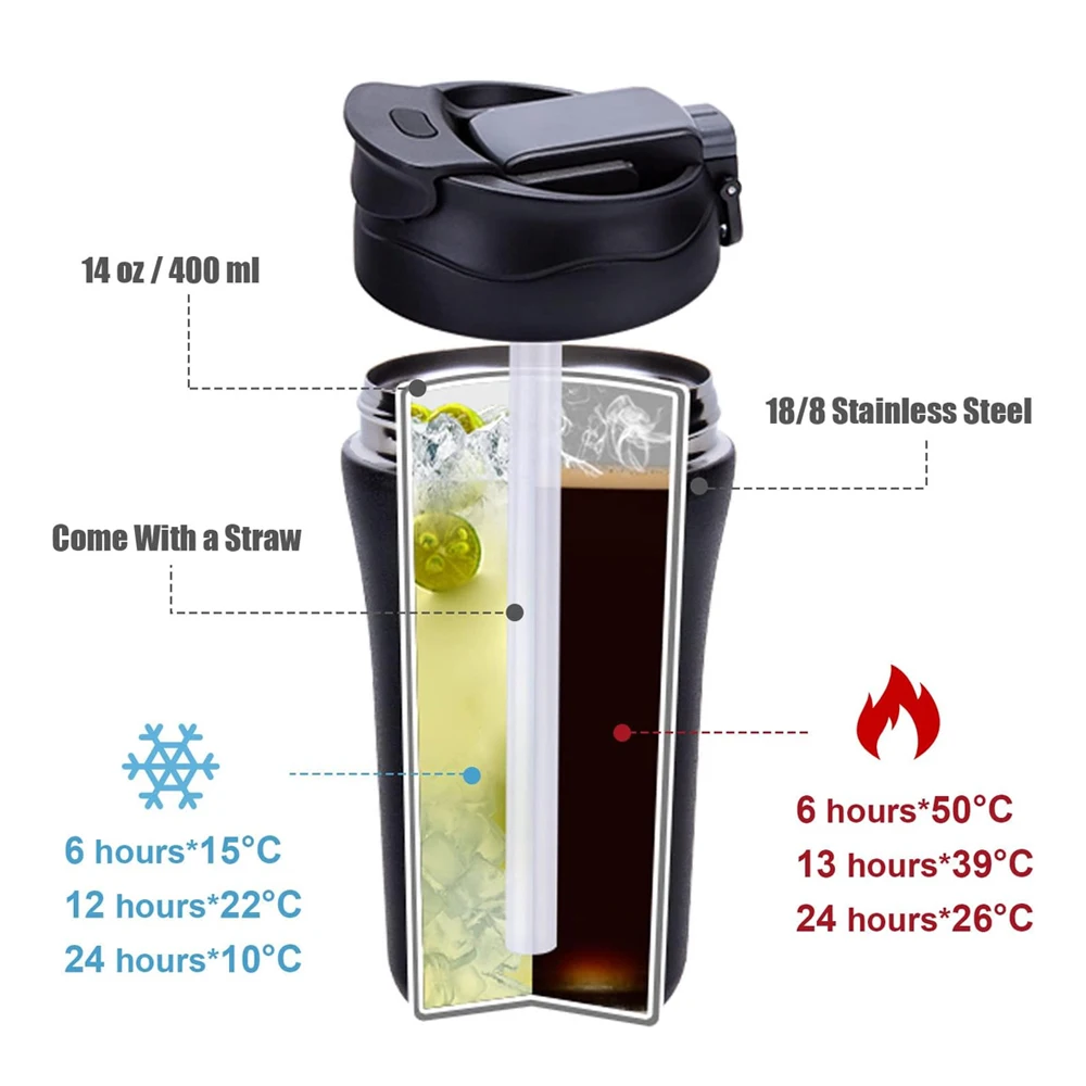 14 oz Travel Coffee Mug, 2 Pack Vacuum Insulated Coffee Travel Mug Spill  Proof with Lid and Straw, Reusable Coffee Tumbler for Keep Hot/Ice  Coffee,Tea and Beer, Car Thermos Cup Gift for Christmas 