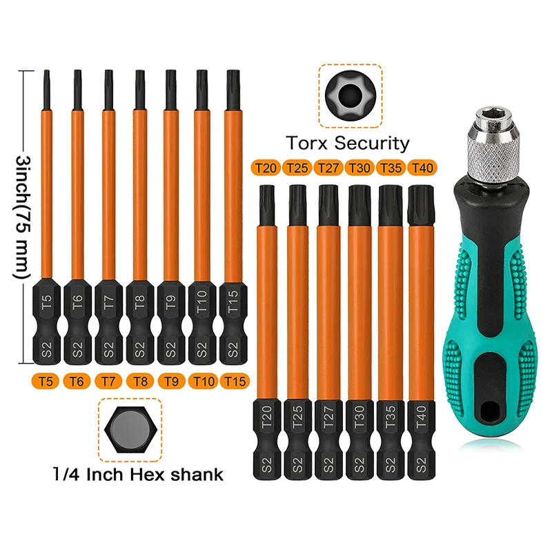 13PcsTorxBitSetWithHandle75mmTorxScrewdriverBit14InchHex