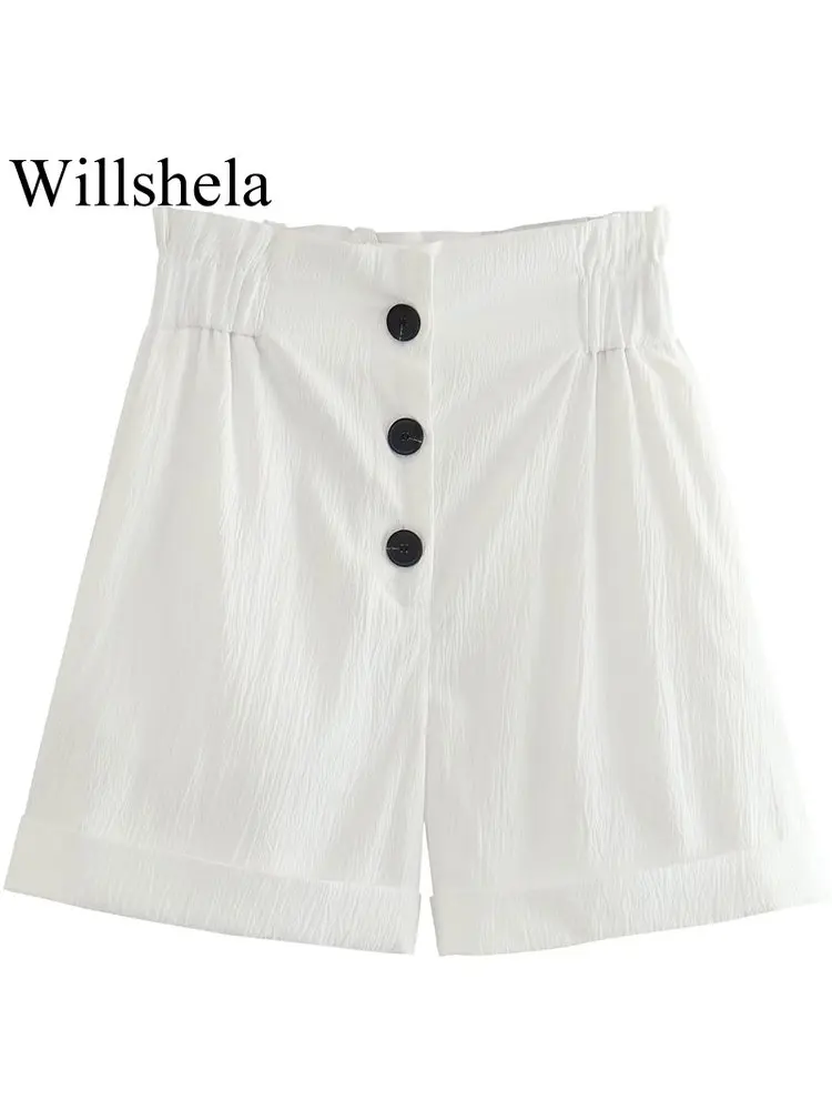 

Willshela Women Fashion White Pleated Single Breasted Mini Shorts Vintage High Elastic Waist Female Chic Lady Shorts