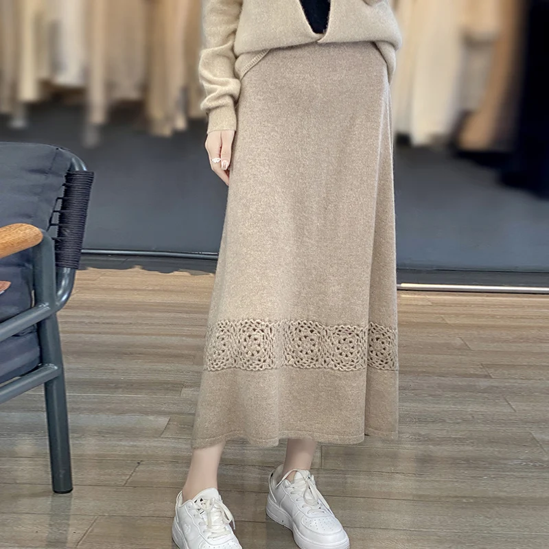 Autumn and winter new 100% wool skirt sweater hollow crocheted high waist A-line skirt in the long knee-length skirt. wool over the knee knitted fahsion loose dress women spring autumn new simple o neck pullover breathable dresses