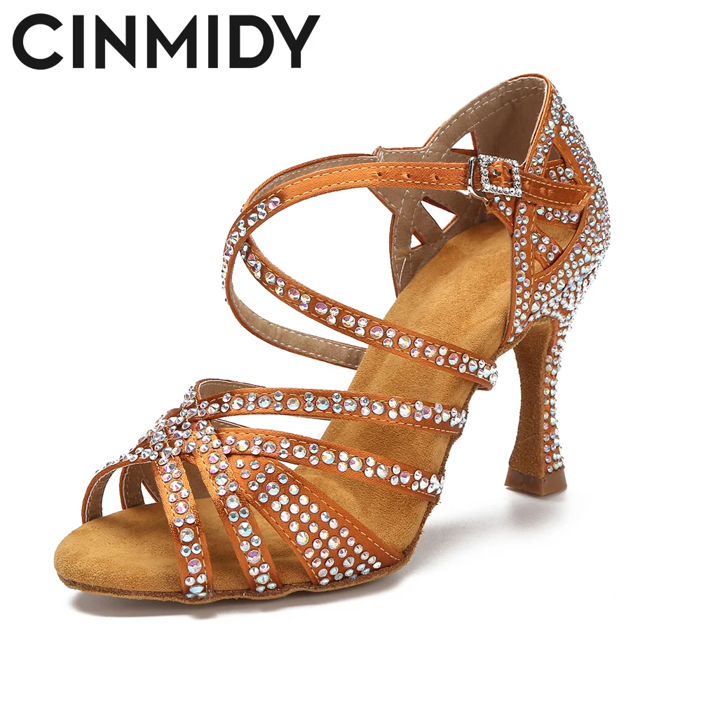 CINMIDY Rhinestones Dance Shoes Woman Party Satin Dance Shoes  Ballroom Red Latin Dance Shoes Women Soft Bottom Wedding Sandals 3