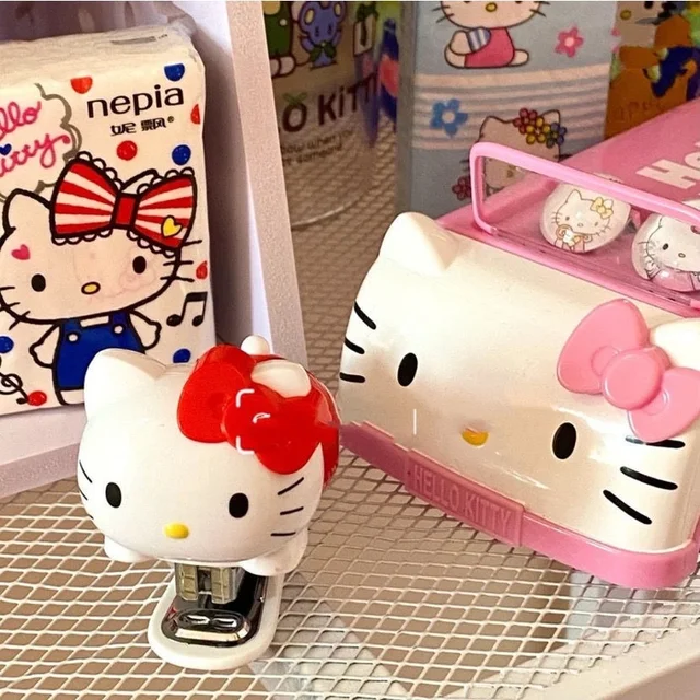 Hello Kitty Stapler Aranyos Gyerek Lány Hallgatói Iroda Rajzfilm Macska Vezető Hordozható Kawaii Mini Tűződokumentum Dokumentumkötési Iskola Kellékek - Image 2