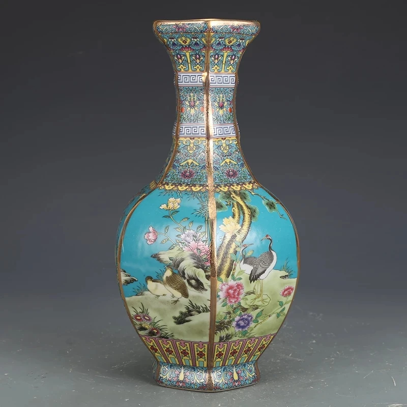 

Enamel porcelain vase Jingdezhen ceramic Hexagonal Flower and bird pattern vase ornaments collection antique vase authentic Anti
