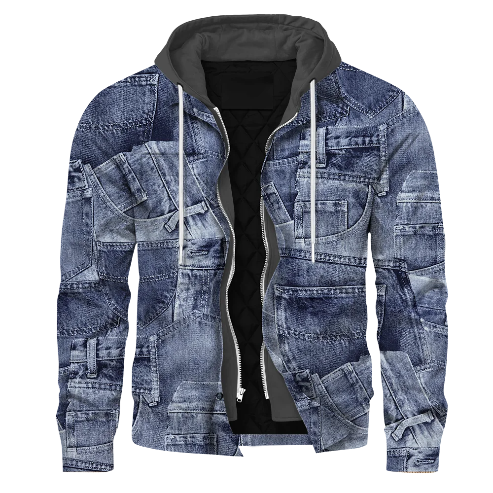 

HX Winter Mens Jackets Fake Old Denim 3D All Over Printed Coats Laminated Cotton Thicken Warm Zipper Hoodies Men Clothing