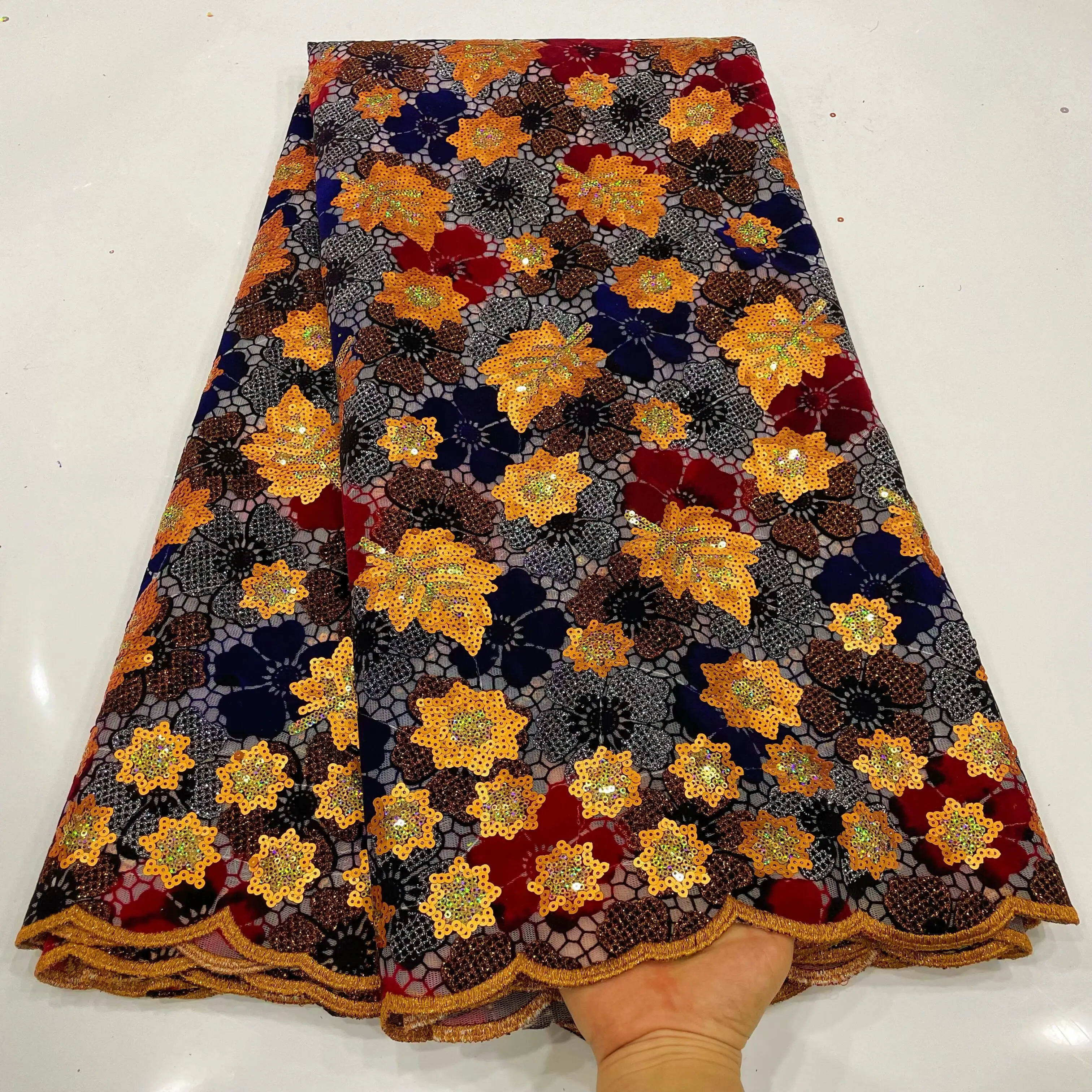 

Новейший дизайн в виде кленового листа, Африканский бархат, кружевной шнур, ткань высокого качества, 5 ярдов, нигерийское стандартное шитье, для свадьбы