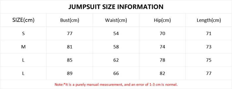 Original size chart for the women's yoga romper