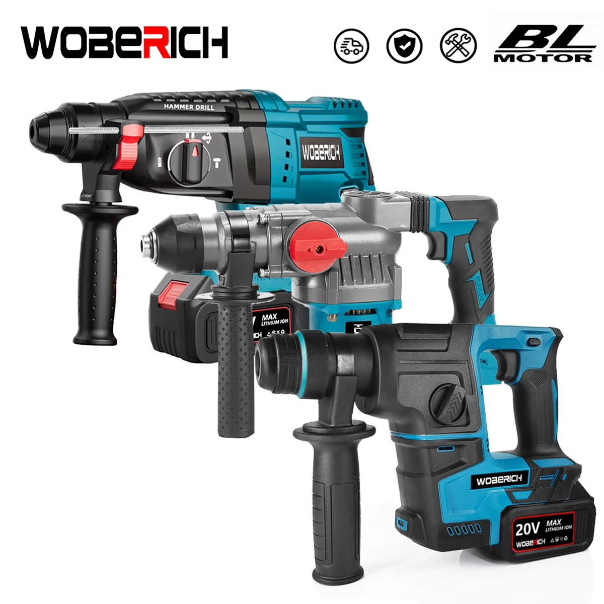 WOBERICH Rechargeable Brushless Electric Hammer Electric Impact Drill Multi Function Rotary Electric Pick For Makita Battery Power Tool, rechargeable brushless electric hammer electric impact drill multi function rotary electric pick for Makita battery power tool