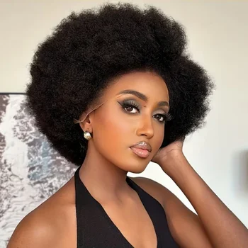 Parrucche corte a taglio pixie con frontale in pizzo 13X4, capelli umani afro ricci, per donne, parrucca pixie riccia corta Remy, colore nero, densità 250%.