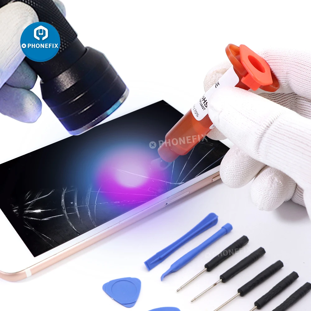 TP-2500 Loca Liquid Optical Clear Adhesive 5ml UV Glue with UV Cutting Light Screwdriver Set for for Phone Glass Screen Repair