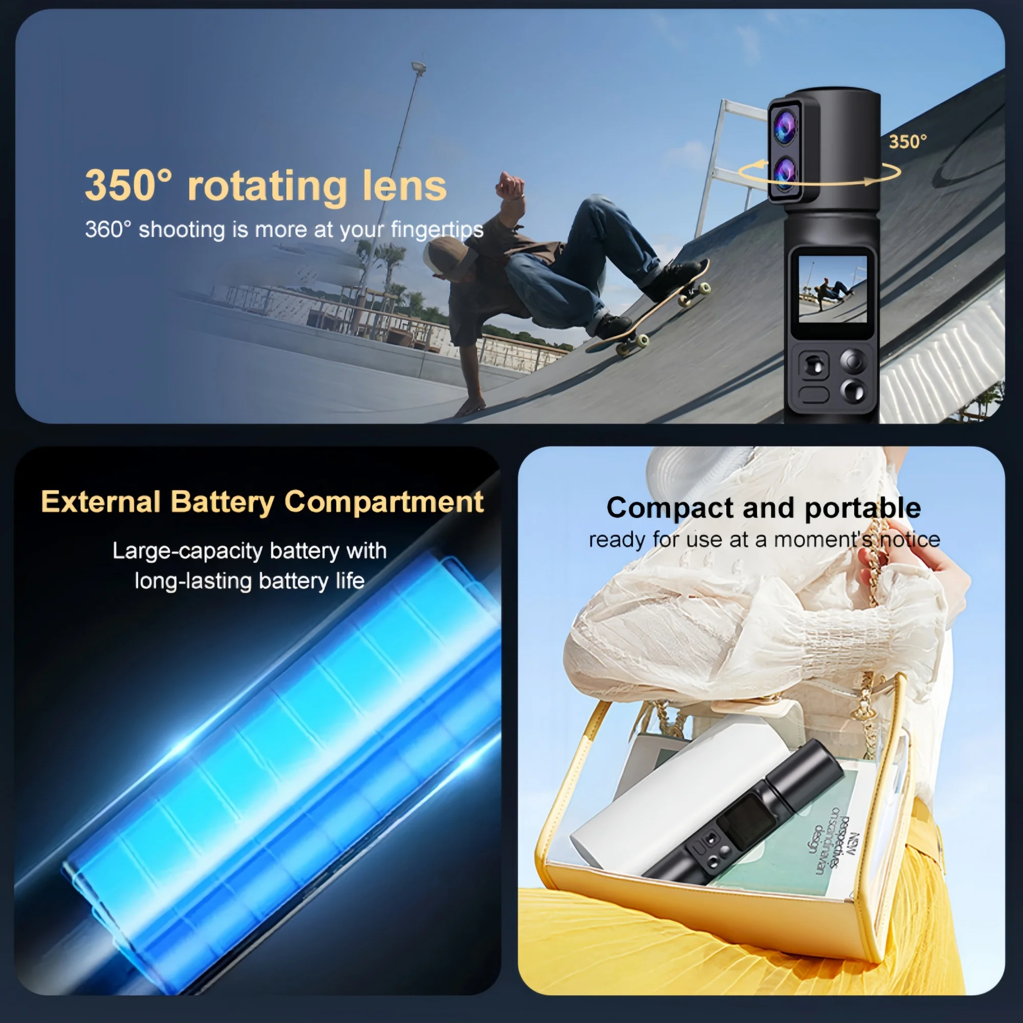 휴대용 액션 카메라 EIS 5배 줌 350 °   회전식 듀얼 렌즈 고화질 스포츠 카메라 50MP Wi-Fi 웹캠 DV 레코더