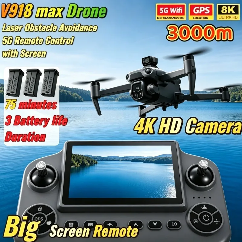 V918 Max Drone Remote Control with LCD Screen Gifts RC Quadcopter 3000M FPV Professional Camera 8K GPS Laser Obstacle Avoidance