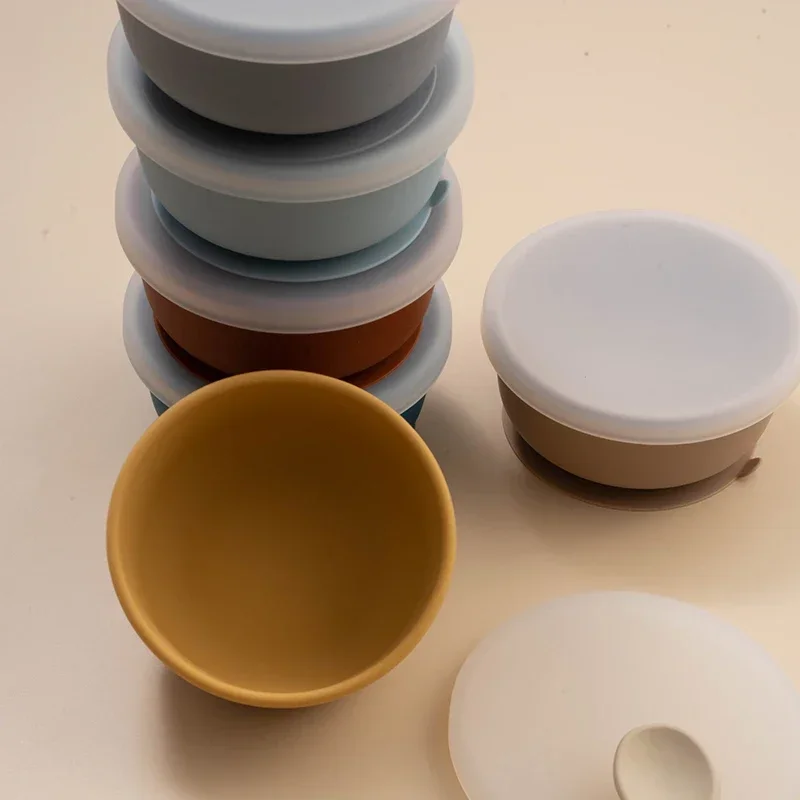 Baby Silicone Suction Bowl with Lid Non-toxic Anti-fall Toddler Feeding Bowls Food Grade Kids Training Eating Tableware BPA Free 5