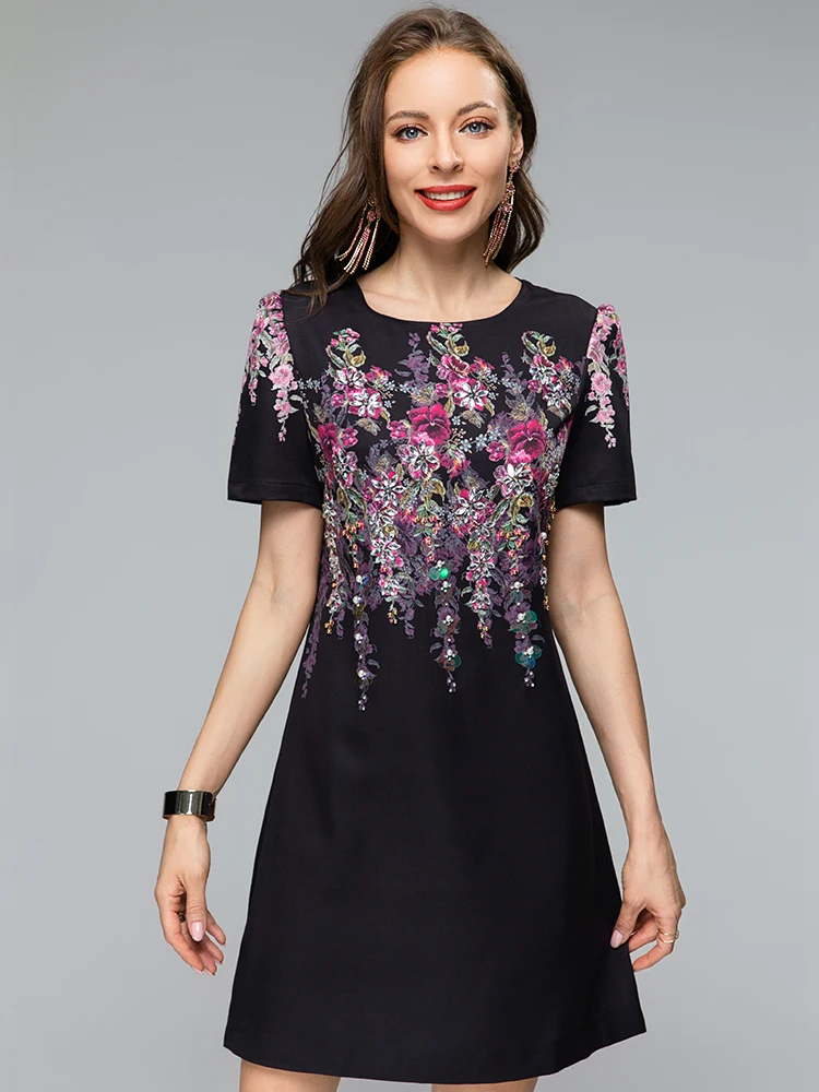 

MoaaYina Fashion dress Summer Women's Short Sleeves Floral Printing Crystal Beading Vintage Party Dresses