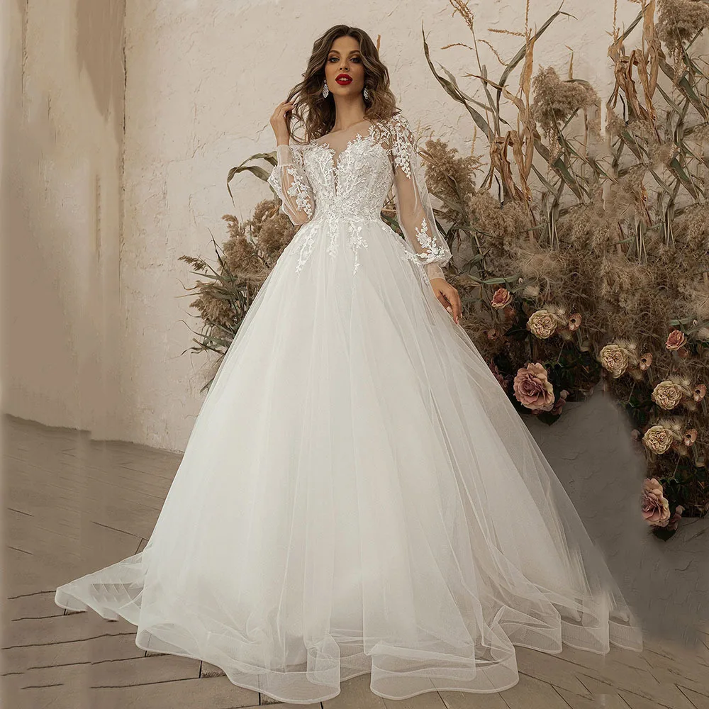 

High End BOHO Puff Sleeves Wedding Dresses Appliques Tulle Bridal Gowns Formal Occasion Vestido De Noiva robe mariage