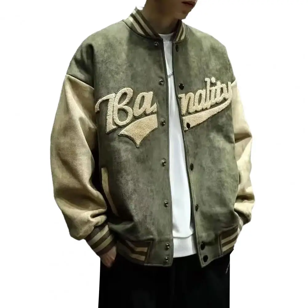 

Men Baseball Coat Men's Suede Baseball Coat with Embroidery Letter Print Patchwork Retro Green Jacket Handsome Embroidery