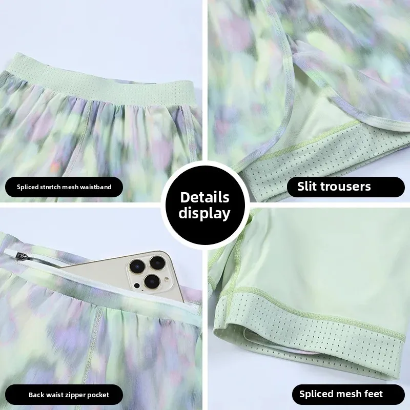 New Colorful Print Summer Women's Sports Cool Feeling Yoga High Waist Shorts Fake Two-Piece Running Shorts Breathable Comfortabl