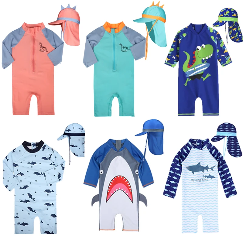 Baby Boys Swimwears Kids 1-7y Long Sleeve Sunscreen Cartoon Toddler One Piece Bathing Suit