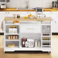 Kitchen Island with Power Outlet Wheels, Rolling Kitche Cart with Wine Rack, Mobile Storage Islands with Spice Rack Glass Holder 1