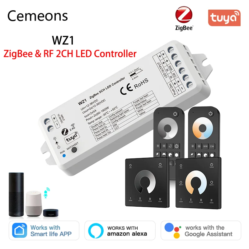 tuya zigbee wz1 led dimmer 12 36v dc smart life 2 channels 2 4g rf wireless touch wheel rf remote controller led strip control ZigBee Tuya WZ1 2CH*5A Wireless RF Dimmer LED Controller DC 12-24V 36V for Single Color Color Temperature LED Strip Light Lamp