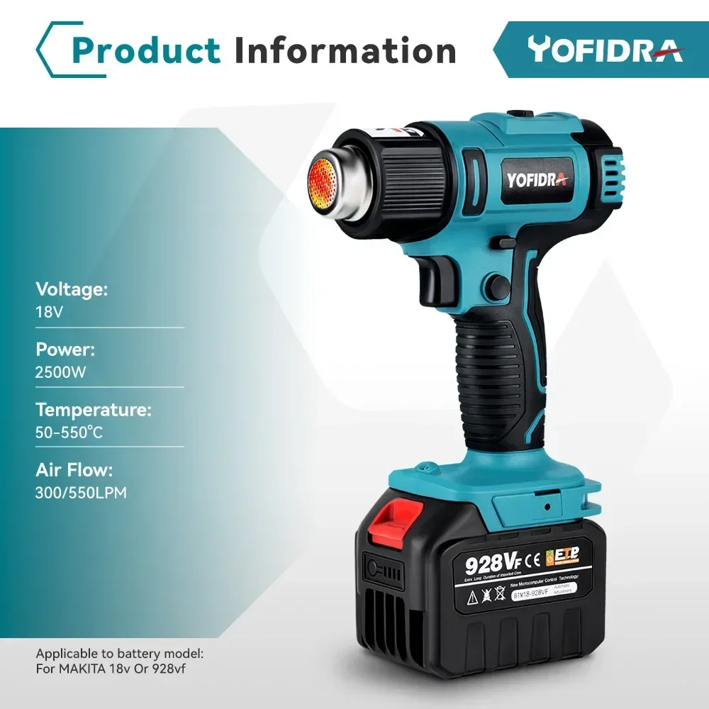 Yofidra 2500W  50-550℃ Electric Heat Gun 6 Gears LED Display Cordless Rechargeable Home Industrial Tools For makita 18V Battery 3