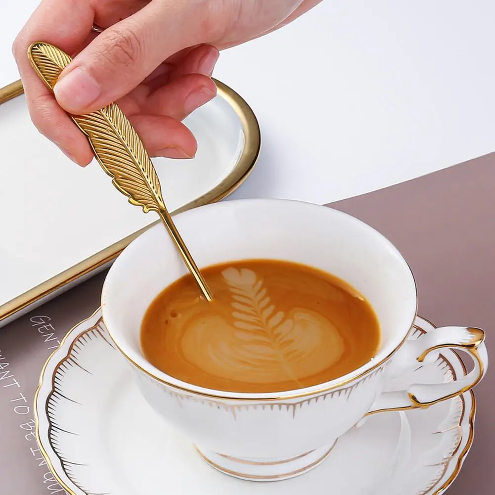 15.5cm Coffee Spoon Feather Shape Handle 304 Stainless Steel Tea Dessert Mixing Spoon Stirring Dinnware Home Kitchen Accessories