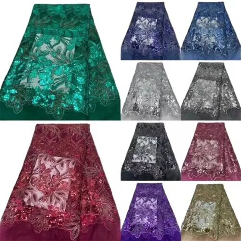 

2023High Quality African Nigerian Latest Tulle Lace Fabric With Embroidery Sewing Guipure Organza Prom Dresses Sequins5Yards