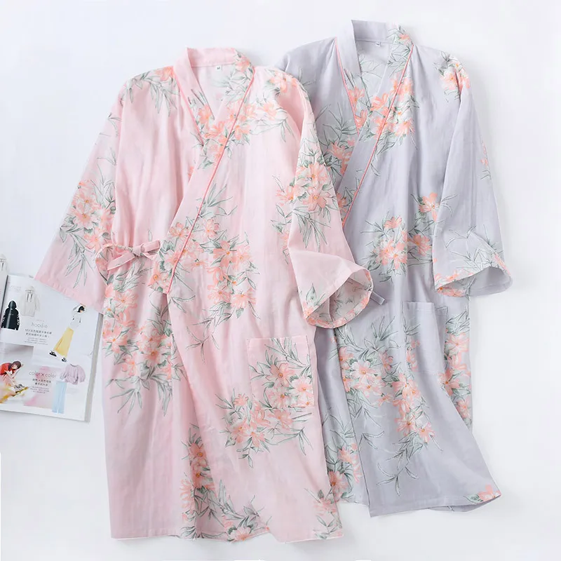 Half Sleeve Cotton Kimono Bathrobe Women's Nightgown Spring and Summer Floral Printed Lace Up Sweatshirt Night Gown